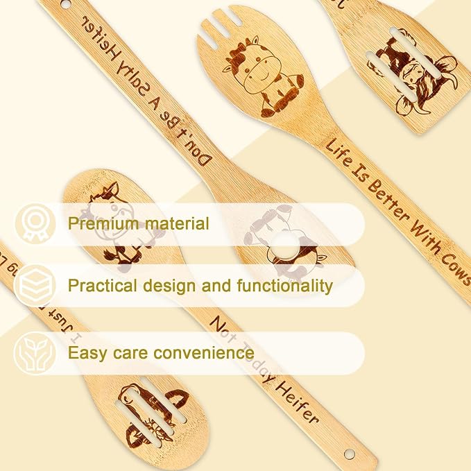Cow Wooden Spoons for Cooking, Highland Cow Gifts for Women, Cute Cow Kitchen Decor Cow Stuff, Engraved Non-stick Bamboo Cow Kitchen Accessories, Cow Themed Gift for Cow Lovers