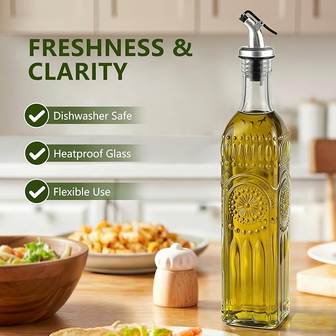 WERTIOO Olive Oil Dispenser Bottle for Kitchen,17oz Clear Glass Cooking Olive Oil and Vinegar Dispenser with Funnel, Delicately Engraved Glass Bottles for Kitchen