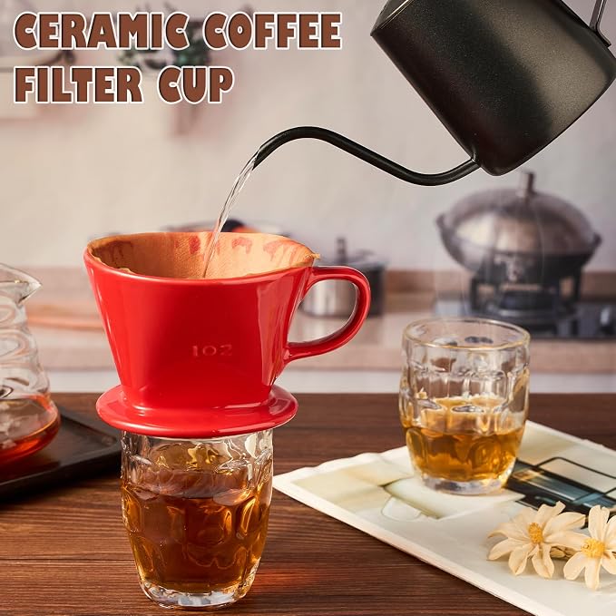 Pour Over Coffee Dripper, Ceramic Pour Over Coffee Maker with 3 Holes Flat Bottom, Easy Manual Brew Maker, Porcelain Slow Filter Cone for Travel, Camping, Office, Home,Red