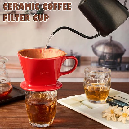 Pour Over Coffee Dripper, Ceramic Pour Over Coffee Maker with 3 Holes Flat Bottom, Easy Manual Brew Maker, Porcelain Slow Filter Cone for Travel, Camping, Office, Home,Red