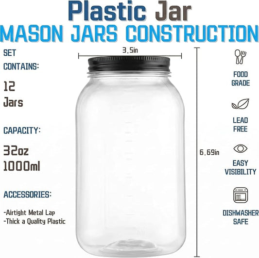 novelinks 32 oz Clear Plastic Jars with Lids, 12 Pack Large Plastic Mason Jars with Lids 32oz, Reusable Quart Containers for Kitchen Organization (12 Pack,Black)