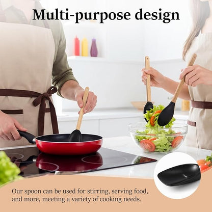 CHENGU 3 Pcs Spoonula Shaped Silicone Spoon with Wooden Handle Holiday Kitchen Utensil Gift Set Black Spoonula Spatula Non-stick Cooking Tools for Mixing Stirring and Baking