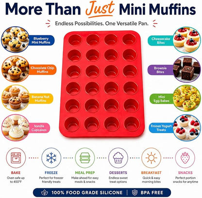 Mrs. Anderson's Baking Silicone Mini Muffin Pan, 24 Cup, European-Grade Silicone Bakeware, For Mini Muffins And Cupcakes