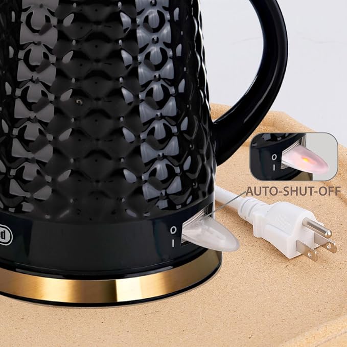 Ceramic Electric Kettle, 1.5L/1200W Boil Water Quickly and Easily with Boil-Dry Protection Auto Shut Off, Detachable Swivel Base, Black Relief Carving