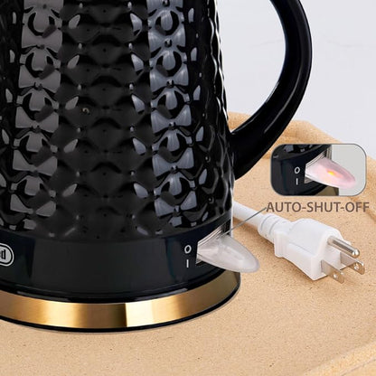 Ceramic Electric Kettle, 1.5L/1200W Boil Water Quickly and Easily with Boil-Dry Protection Auto Shut Off, Detachable Swivel Base, Black Relief Carving