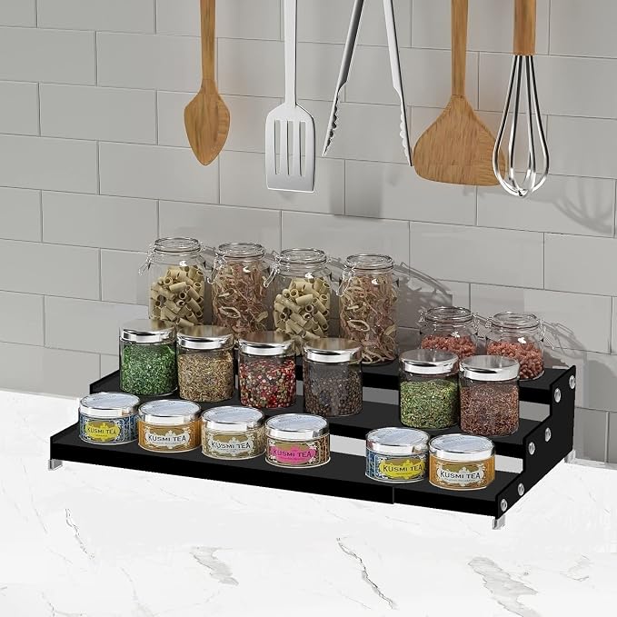 Jojocross Spice Rack Organizer for Cabinet, 3 Tier Expandable Spices Storage, Great for Kitchen Cabinets, Cupboard,Pantry and Countertop More 1 Pack/Black
