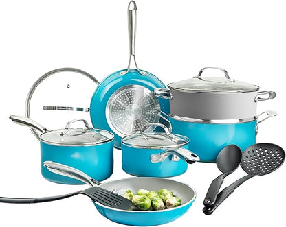 15 Pc Ceramic Pots and Pans Set Non Stick - GOTHAM STEEL Non Toxic PFAS PFOA PFOS Free, Metal Utensil Safe Aluminum Cookware Set with Steamer & Utensils, Oven Safe to 500°F, Dishwasher Ready, Blue