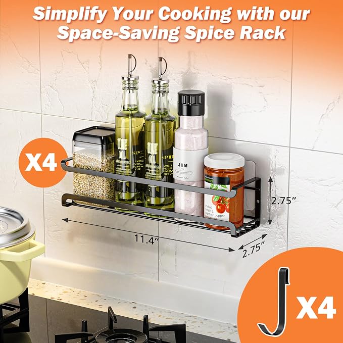 Bunoxea Spice Rack Wall Mounted 4 Pack, Black,For Spice Jars & Seasonings | 4 Removalble Hooks,Screw or Adhesive Hanging, Space-Saving,For Kitchen Cabinet, Pantry Door,Stove,RV Use,11.41x2.75x2.75in