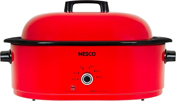 NESCO MWR18‑12 Electric Roaster Oven for Family‑Size Meals, Red 18‑Quart Countertop Roaster with Circle of Heat Heating Technology