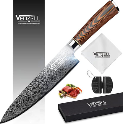 VENZELL Handmade 8 inch Chef Knife, 67-layer Damascus Stainless Steel Knife, HRC60±2 Professional Chopping Knife with Ergonomic PAKKA Wood Handle