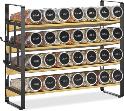 EsLuker.ly Spice Seasoning Rack Organizer Kitchen Countertop, 4 Tier Bamboo Spice Shelf Holder Storage with 4 Hooks, Wall Mounted Freestanding Stand for Pantry, Quick Spice Access(Jars Not Included)