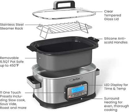 Sunvivi Slow Cooker Roaster Oven 6.5 Quart, 11 in 1 Programmable Multi-Cooker with Digital Timer, Temp Control, Keep Warm, Removable Nonstick Pot & Dishwasher-Safe Glass Lid, Sliver