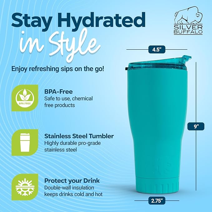 Silver Buffalo Double Walled Vacuum Insulated Stainless Steel Tumbler With Flip Top Lid Keeps Hot and Cold, Travel Coffee Mug Leakproof Lid, 30 Ounces, Matte Teal Blue