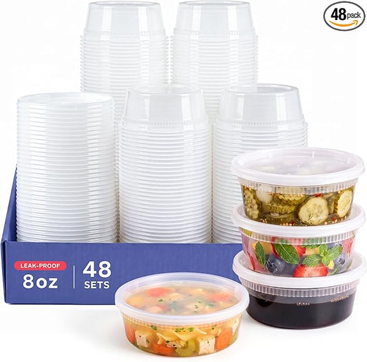 GUSTO 8 oz. Plastic Deli Disposable Food Storage Containers with Airtight Lids - [48 Sets] Slime Containers (Formerly Comfy Package)