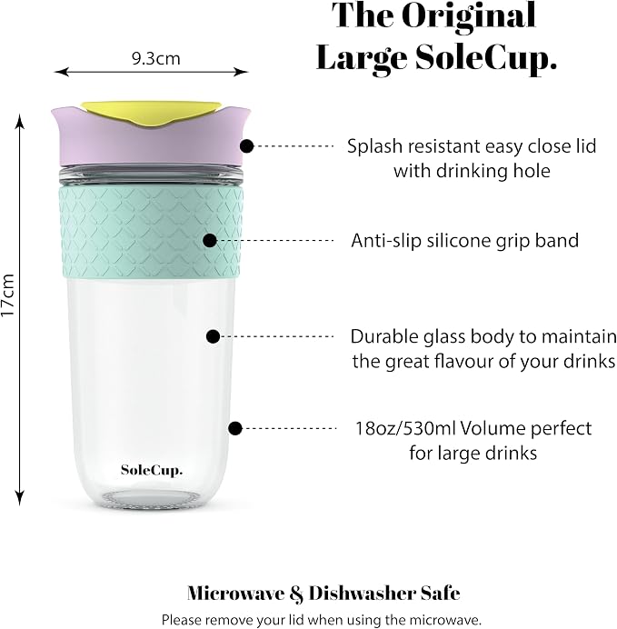 Large Travel Mug - Reusable Glass Coffee Mug - 18oz/530ml BPA-Free Hot Drink Travel Mug with Lid & Silicone Band (Ice Cream, 18oz)