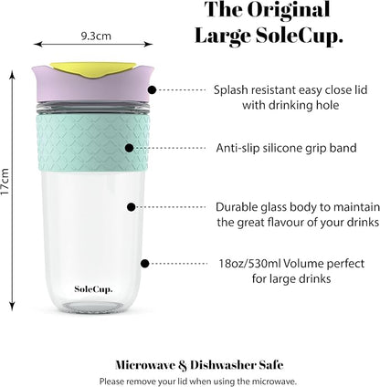 Large Travel Mug - Reusable Glass Coffee Mug - 18oz/530ml BPA-Free Hot Drink Travel Mug with Lid & Silicone Band (Ice Cream, 18oz)