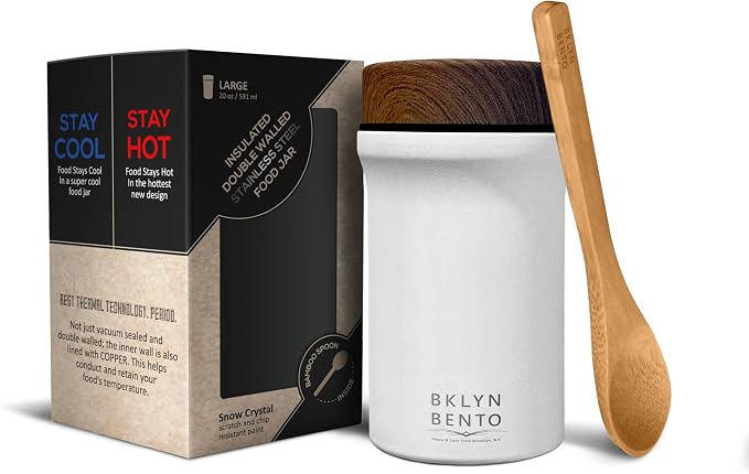 Insulated Food Jar with Bamboo Spoon: Wide Mouth 18/8 Stainless Steel Lunch Container for Hot Soup & Food, Leakproof Vacuum Metal Flask (20oz, Snow Crystal / White)
