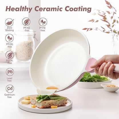 SENSARTE Nonstick Ceramic Frying Pan with Lid 12.5 Inch Cooking Pan Skillet, Free of Intentionally Added PFAS/PTFE Non-toxic Chef's Pan Induction Compatible Pan, Heat Resistant Handle, Sakura Pink