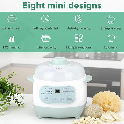 Green 1L Mini Slow Cooker with Steamer Basket, 200W Smart Ceramic Electric Stew Pot, 24-Hour Timer & Auto Keep-Warm, Dry-Burn Protection, Kitchen Cooking Appliance