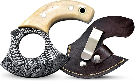 Custom Damascus Steel Ulu Knife Traditional Alaskan Ulu Multi-Purpose Pizza Cutter,Vegetable Chopping, Boning Slicing Cutting Camel Bone Handle Leather Sheath (SUB-03)
