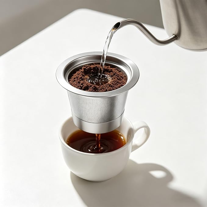 Reusable Stainless Steel Coffee Cup with Measuring Spoon for Single Serve Machines Sustainable Design