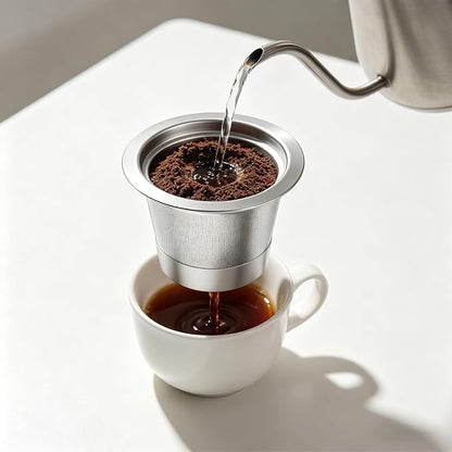 Reusable Stainless Steel Coffee Cup with Measuring Spoon for Single Serve Machines Sustainable Design