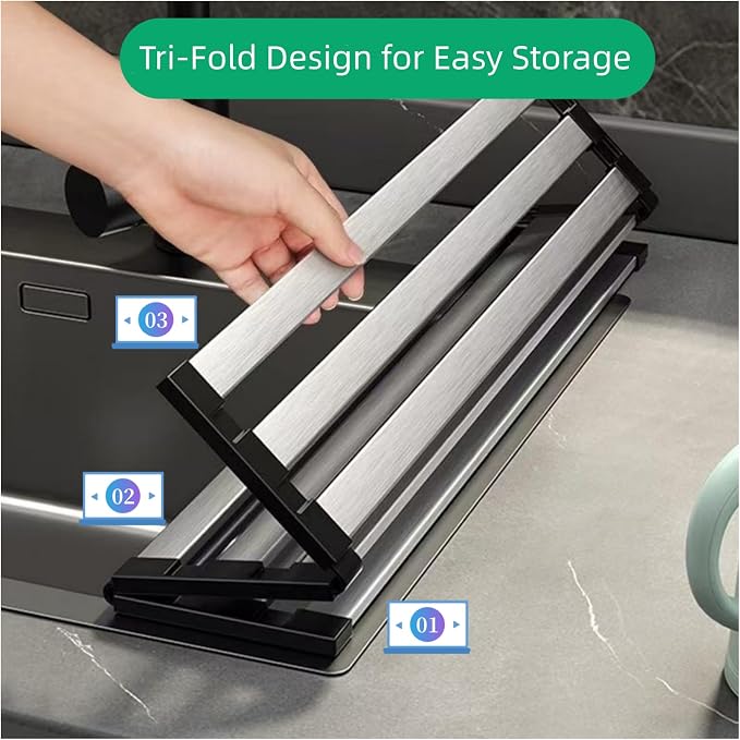 Over The Sink Dish Drying Rack, 17.7"x12.8" Stainless Steel Sink Cover & Dish Rack Over Sink, Heavy-Duty Non-Slip Drying Rack Kitchen Accessories, Foldable in Sink Dish Drying Rack