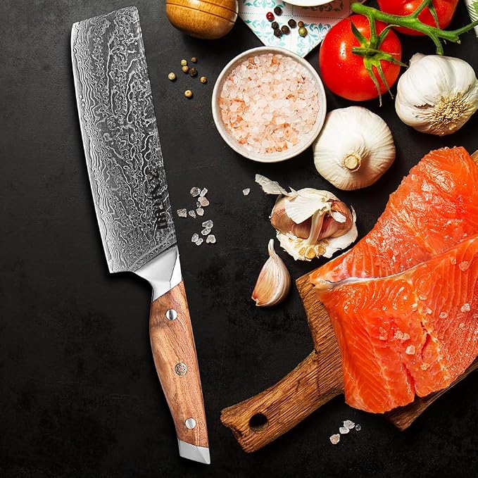 Damascus Steel 7-Inch Nakiri Knife with Olive Wood Handle - Sharp Precision Kitchen Knife for Professional & Home Chefs