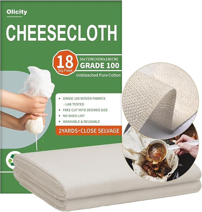 Olicity Cheese Cloths, Grade 100, 18 Sq Feet, Reusable Cheese Cloth with Closed Edges Fabric Fine Mesh Cloth,Unbleached Cotton Muslin Cheesecloth for Straining,Cooking, Juicing,Cheese,Crafts - 2 Yards