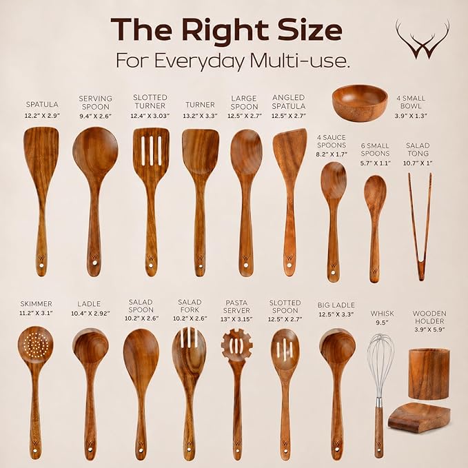 30 Pcs Teak Wooden Utensil Set – Premium Cooking Utensils Set, Natural Wooden Spoons for Cooking - Sturdy Kitchen Utensils & Cooking Spoons for Every Chef