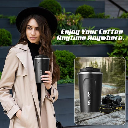 SPLMIFA Travel coffee mugs leak-proof, reusable coffee cups with lids, stainless steel vacuum insulated coffee tumblers, thermal insulation cups for men & women keep drinks hot & cold(2nd-Black, 17OZ)
