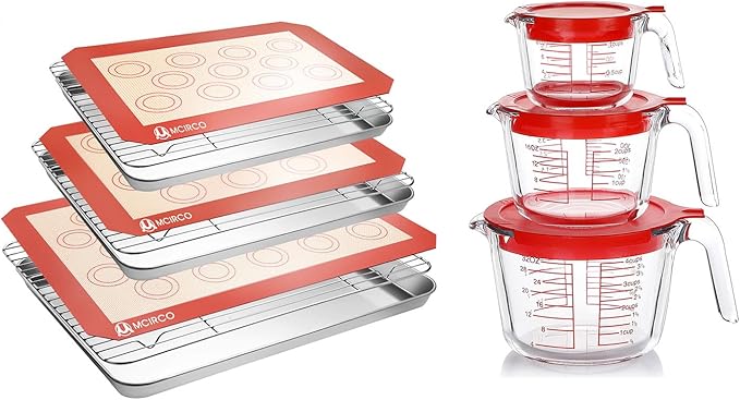 9 Pcs Stainless Steel Baking Sheet Tray Cooling Rack with Silicone Baking Mat Set, and 6 Pcs Glass Measuring Cups with Lids Set, for baking, Kitchen
