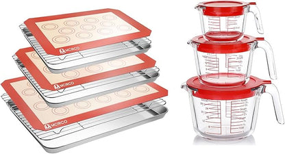 9 Pcs Stainless Steel Baking Sheet Tray Cooling Rack with Silicone Baking Mat Set, and 6 Pcs Glass Measuring Cups with Lids Set, for baking, Kitchen