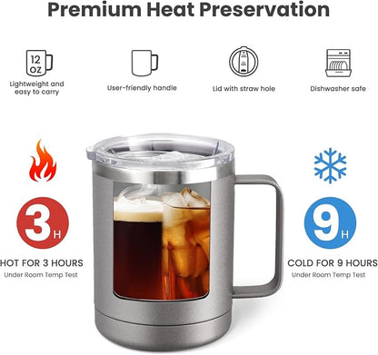 MEWAY 12oz Coffee Mug With Handle and Sliding Lid,Stainless Steel Travel Tumbler Cup with Handle,Double Wall Vacuum Insulated Camping Cup for Hot & Cold Drinks Tea (Cold Grey,Set of 1