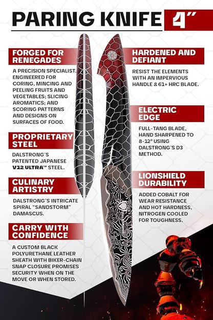 Dalstrong Paring Knife - 4”- Scorpion Series - Exclusive Japanese V12 Ultra™ Steel - Black Damascus - Black & Red Honeycomb Resin Handle -Paring Knife with Cover