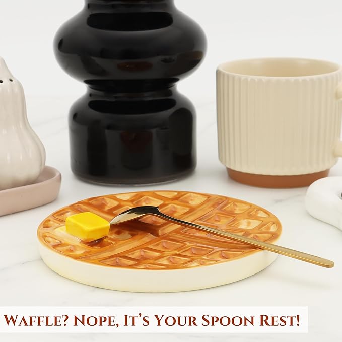 Waffle Spoon Rest for Stove Top, Cute Spoon Holder for Kitchen Counter Cooking Utensil Rest Ceramic Coffee Spoon Rest, Yellow Kitchen Counter Decor (Round Waffle Spoon Holder)