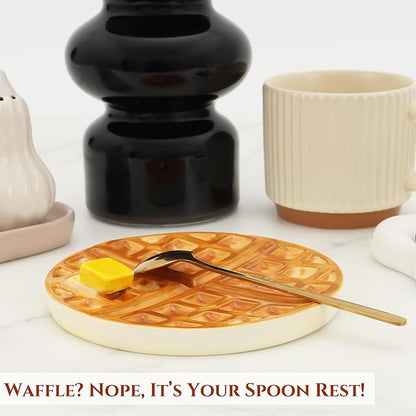 Waffle Spoon Rest for Stove Top, Cute Spoon Holder for Kitchen Counter Cooking Utensil Rest Ceramic Coffee Spoon Rest, Yellow Kitchen Counter Decor (Round Waffle Spoon Holder)