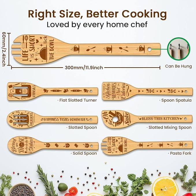 CUTHOLLOW 6PCS Kitchenware Wooden Kitchen Cooking Utensil Set, 11.9in Non Toxic Bamboo Wood Spoon Set for Cooking, Best Housewarming Birthday Thanksgiving Christmas Gift for Women Mother