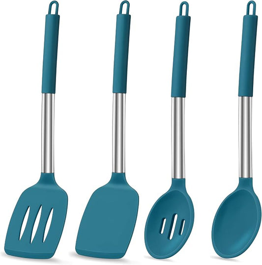 LIANYU Silicone Kitchen Cooking Utensils Set, 4Pcs Heat Resistant Kitchen Tools Spatula for Nonstick Cookware, Slotted Turner, Spoon, Soup Ladle, Pasta Server, Skimmer, Tongs, Blue