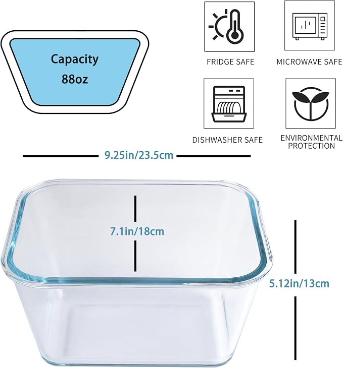 2 Pack 2600ml/88oz Large Glass Storage Containers With Lids - Meal Prep Containers With Leak Proof Locking - Glass Food Containers For Baking, Microwave, Oven