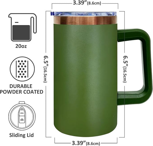 20 oz Insulated Coffee Mug with Lid, Stainless Steel Coffee Tumbler Bulk, Double Wall Vacuum Travel Mug with Handle, Leakproof Powder Coated Coffee Cups for Hot and Cold Drinks (Army Green,4 pack)
