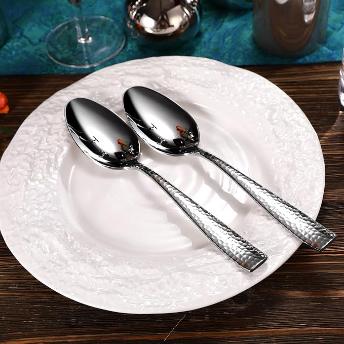 KEAWELL Premium Louis Hammered Table Utensils, 18/10 Stainless Steel, Squared Edge, Mirror Finish, Dishwasher Safe (Serving Spoons, Set of 2)