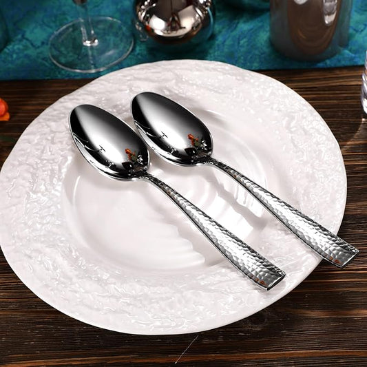 KEAWELL Premium Louis Hammered Table Utensils, 18/10 Stainless Steel, Squared Edge, Mirror Finish, Dishwasher Safe (Serving Spoons, Set of 2)