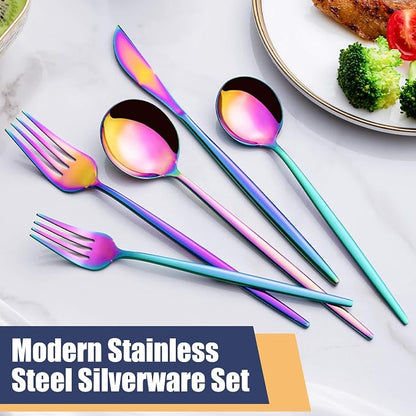 20 Piece Rainbow Silverware Set,Stainless Steel Flatware Cutlery Set Service for 4,Forks Spoons Knives,Kitchen Utensil Set,Tableware for Home and Restaurant, Dishwasher Safe
