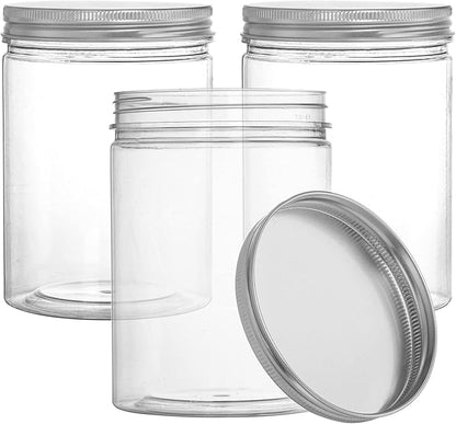 Tebery 16 Pack Clear Plastic Jars Bottles Containers with Silver Ribbed Lids 20oz Straight Cylinders Storage Canisters for Food & Home Storage