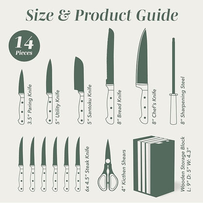 COOK WITH COLOR 14 Pieces Kitchen Knife Block Set, Knives for Kitchen, Forged Cutlery with Razor-Sharp High Carbon Steel Blades, Magnetic Block