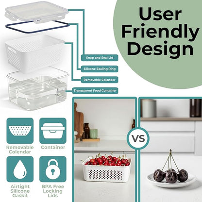 5 Pack Large Fruit Storage Containers for Fridge with Removable Colander-Plastic Food Storage Containers with Lids Airtight-Leak Proof Refrigerator Organizers and Storage of Vegetable -Produce Storage