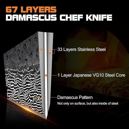 Topfeel 8 Inch Damascus Chef Knife, Professional Kitchen Knife with Japanese VG10 Steel Core, Black Forged Kitchen Knives with G10 Handle, Gifts for Men Women