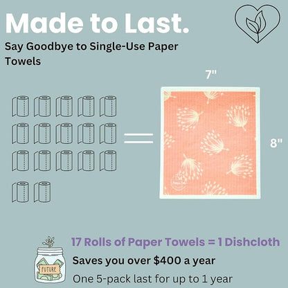 Harps&Seb Swedish Dishcloths for Kitchen Dish Towels - 5 Pack, Non-Scratch Reusable Paper Towels, Super Absorbent Washable Swedish Dish Cloths, No Odor, Biodegradable, Leaf Design