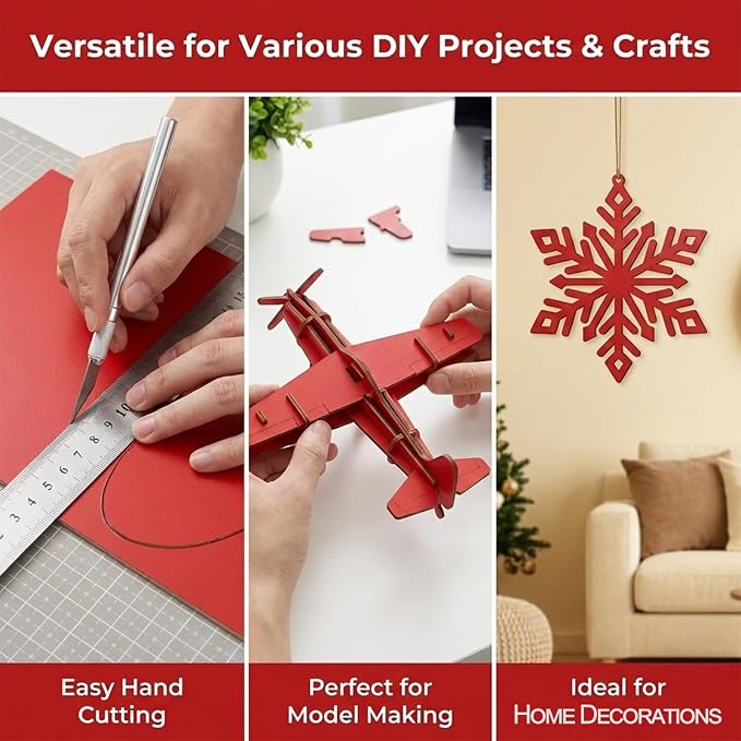 4 Pack Pre-Painted Colored Plywood Sheets,12x12x1/8 Inch (3mm) Basswood Board,Ideal for Laser Cutting, Engraving, DIY Crafts, Ornaments, Models Making (Red)